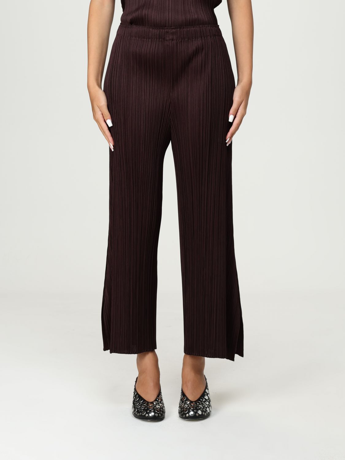 Issey Miyake Elastic Waistband Wide Leg Trousers In Brown