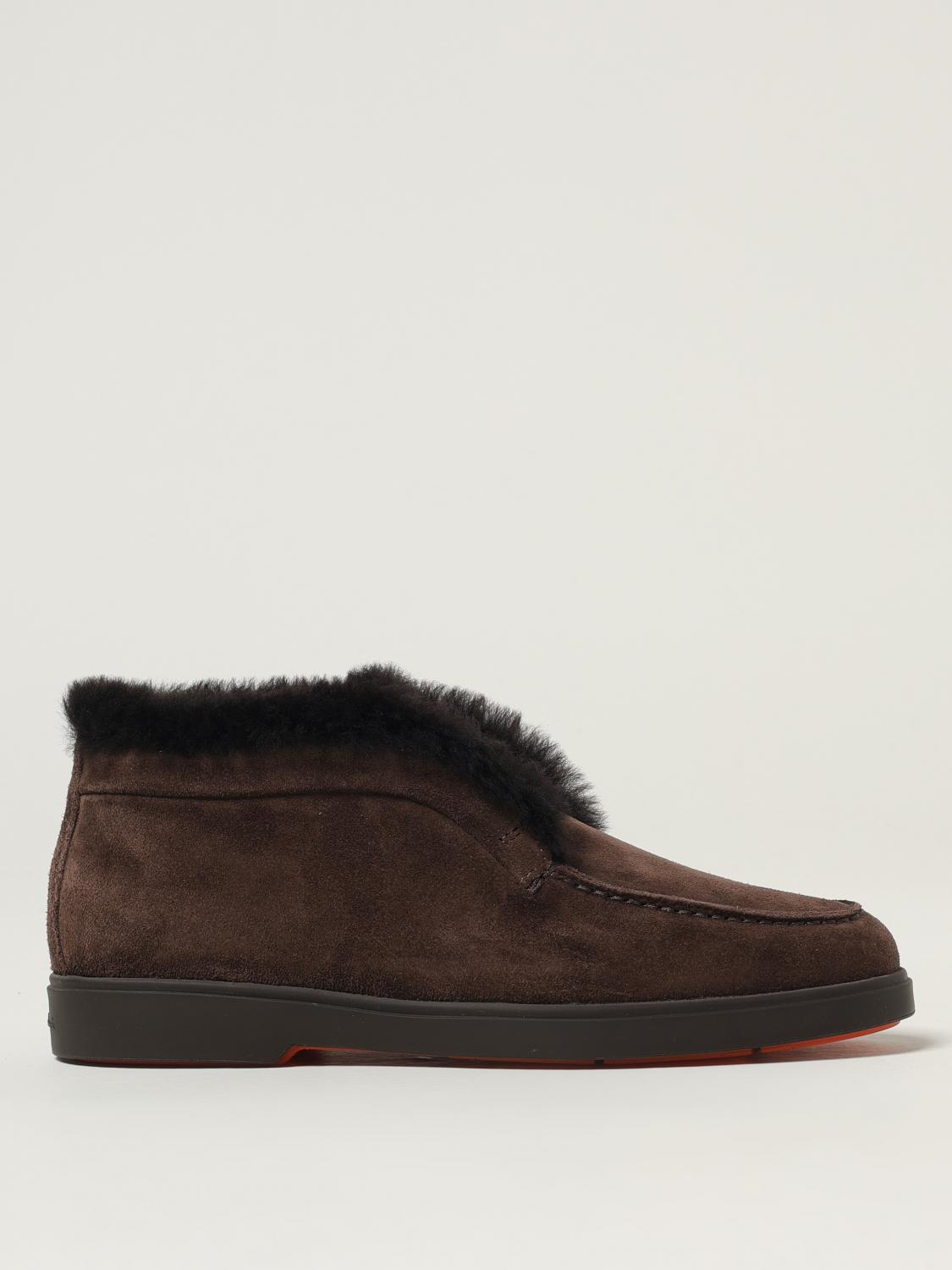 Santoni Suede Fur Trim Ankle Height Loafers In Brown