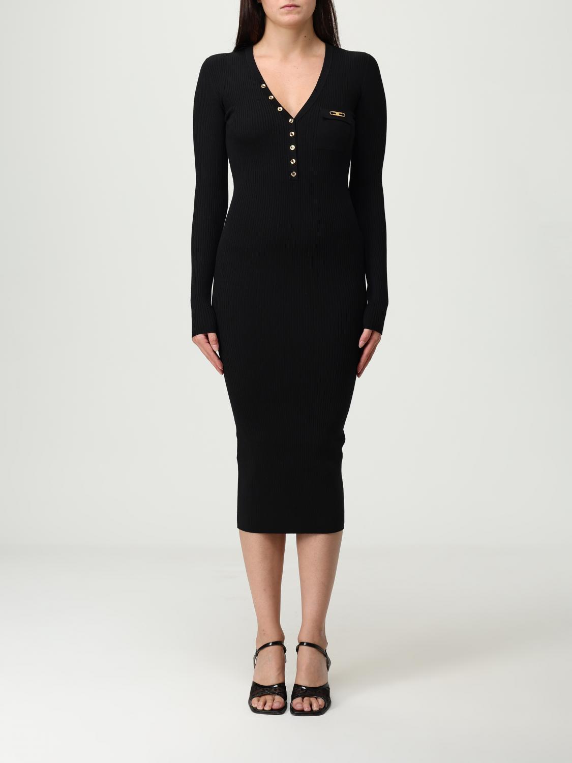 Elisabetta Franchi Ribbed Button-fastening Midi Dress In Black