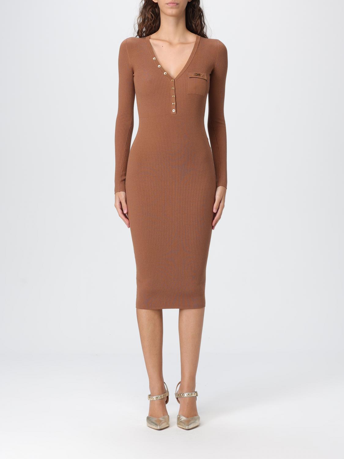 Elisabetta Franchi Ribbed Gold-tone Button Midi Dress In Brown