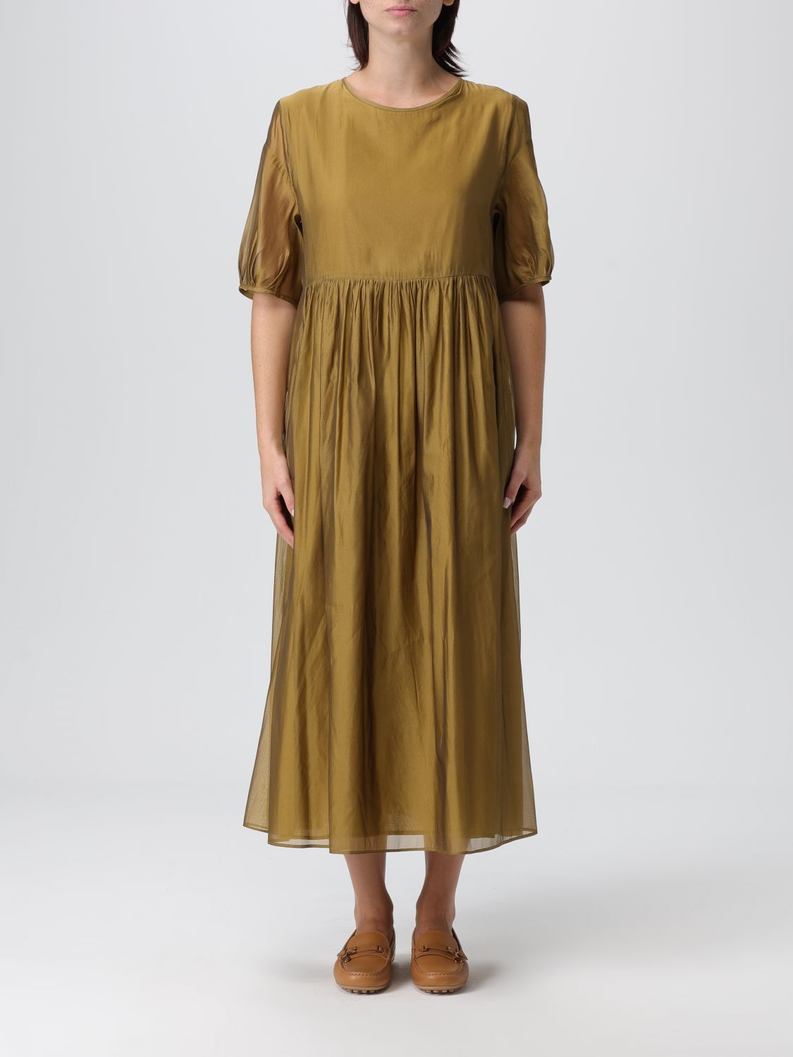 Max Mara Sheer Overlay Gathered Waist Dress In Gold