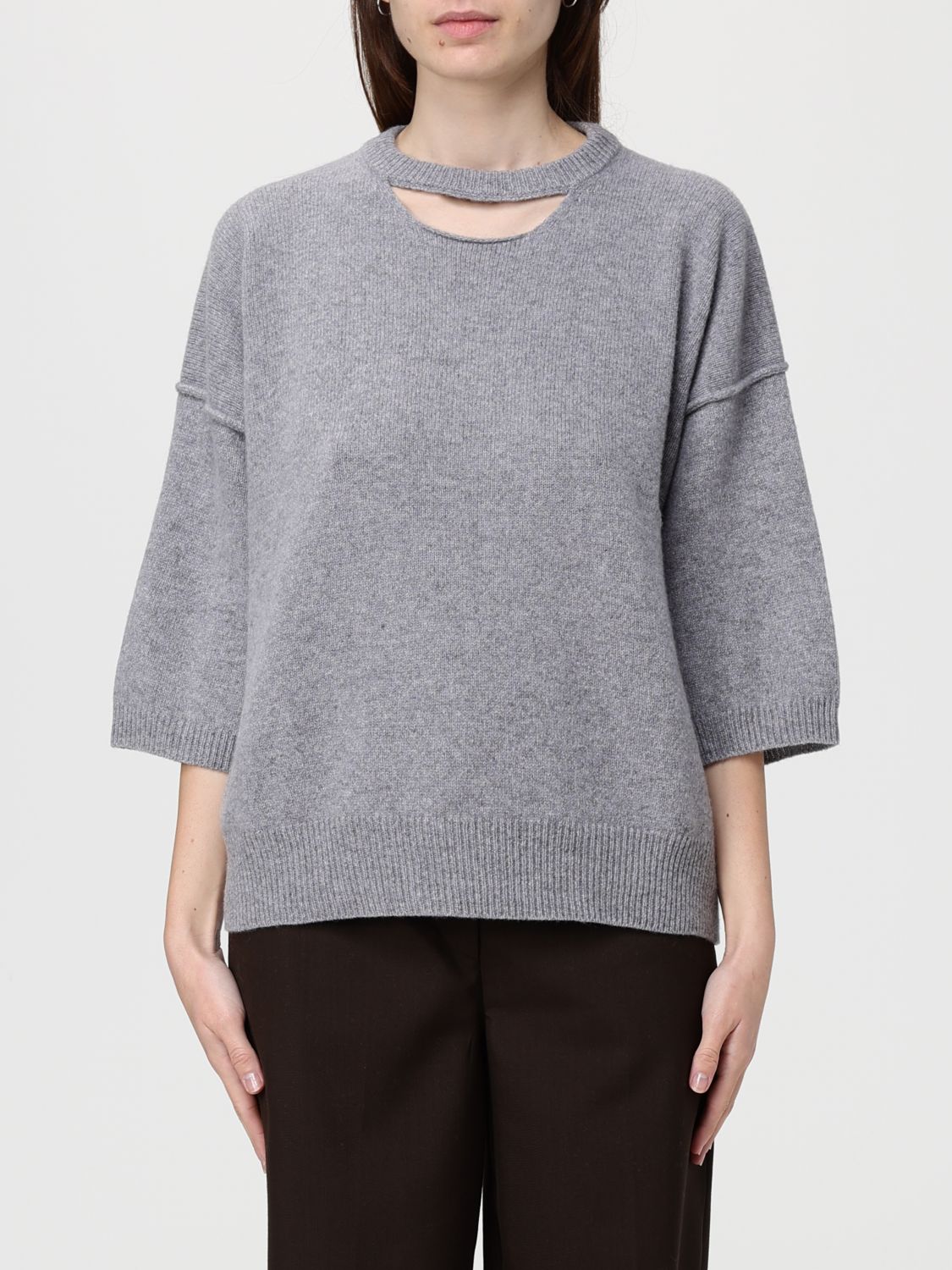 Federica Tosi Grey Sweater With Dropped Shoulder And Three-quarter Sleeve In Wool And Cashmere Blend Woman In Gray