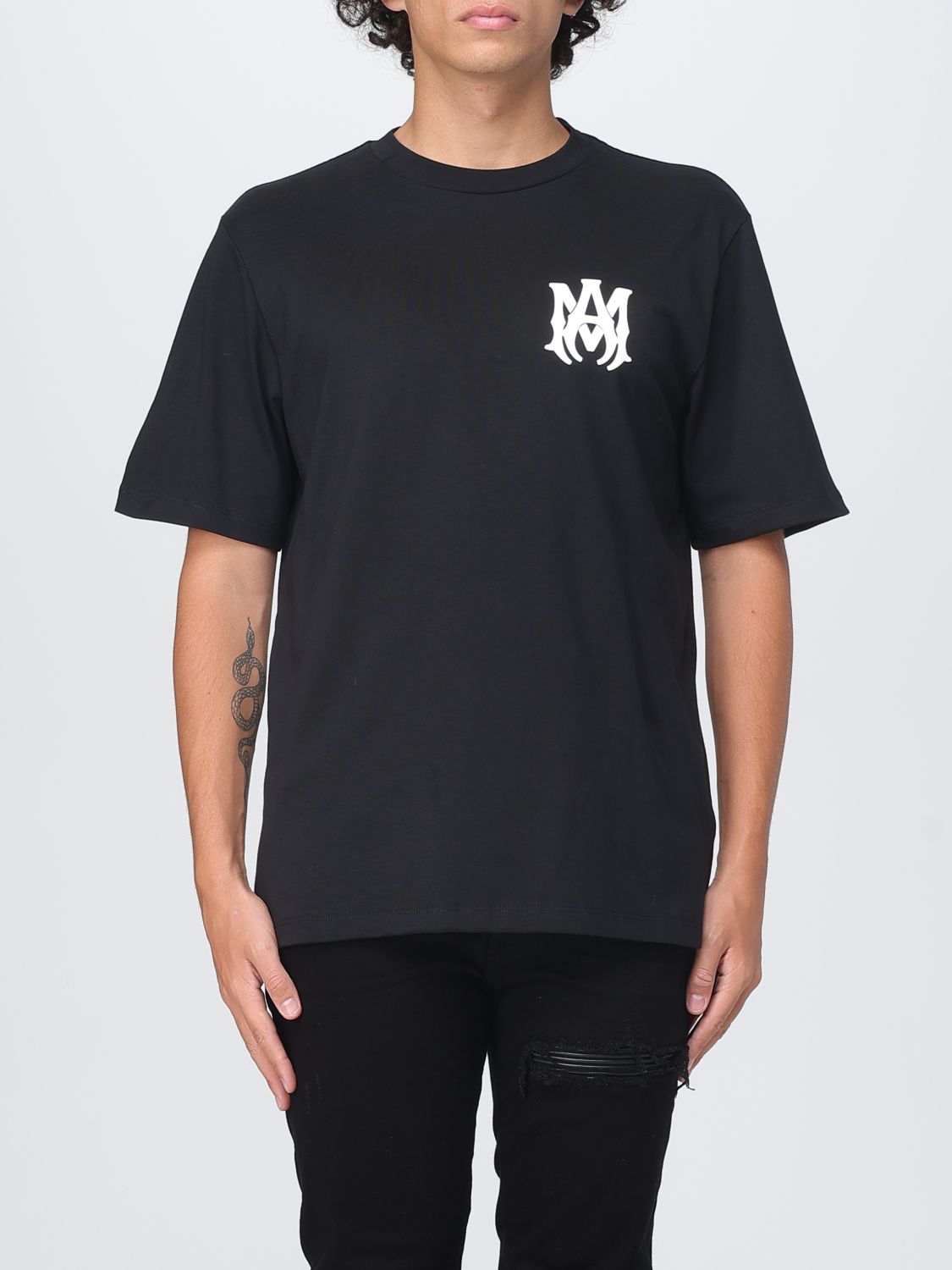 Amiri Black Crewneck T-shirt With Logo Print On The Front And Logo Lettering On The Rear In Cotton Man In Black