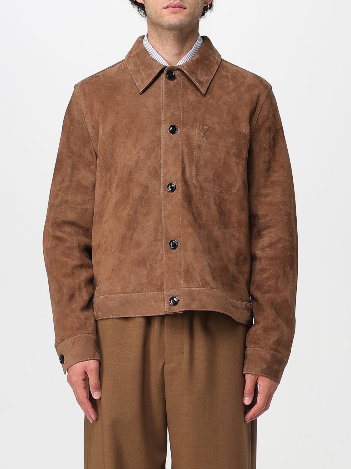 Ami Alexandre Mattiussi Mens Noisette Pointed-collar Embossed-logo Leather Jacket In Animal Print