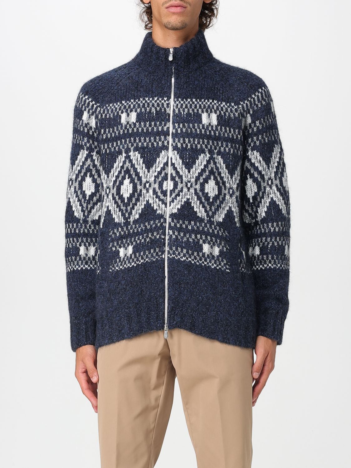 Brunello Cucinelli Geometric Jacquard Cardigan In Wool And Cashmere In Blue