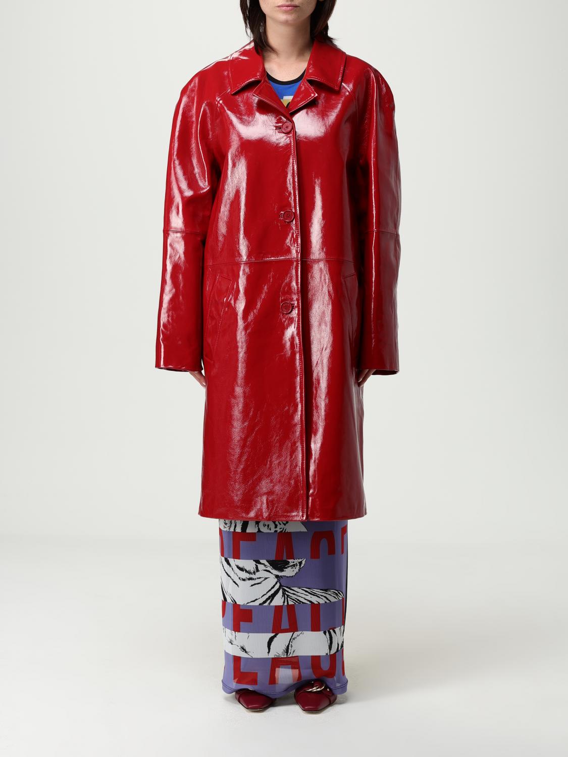Moschino Leather Long Overcoat In Red