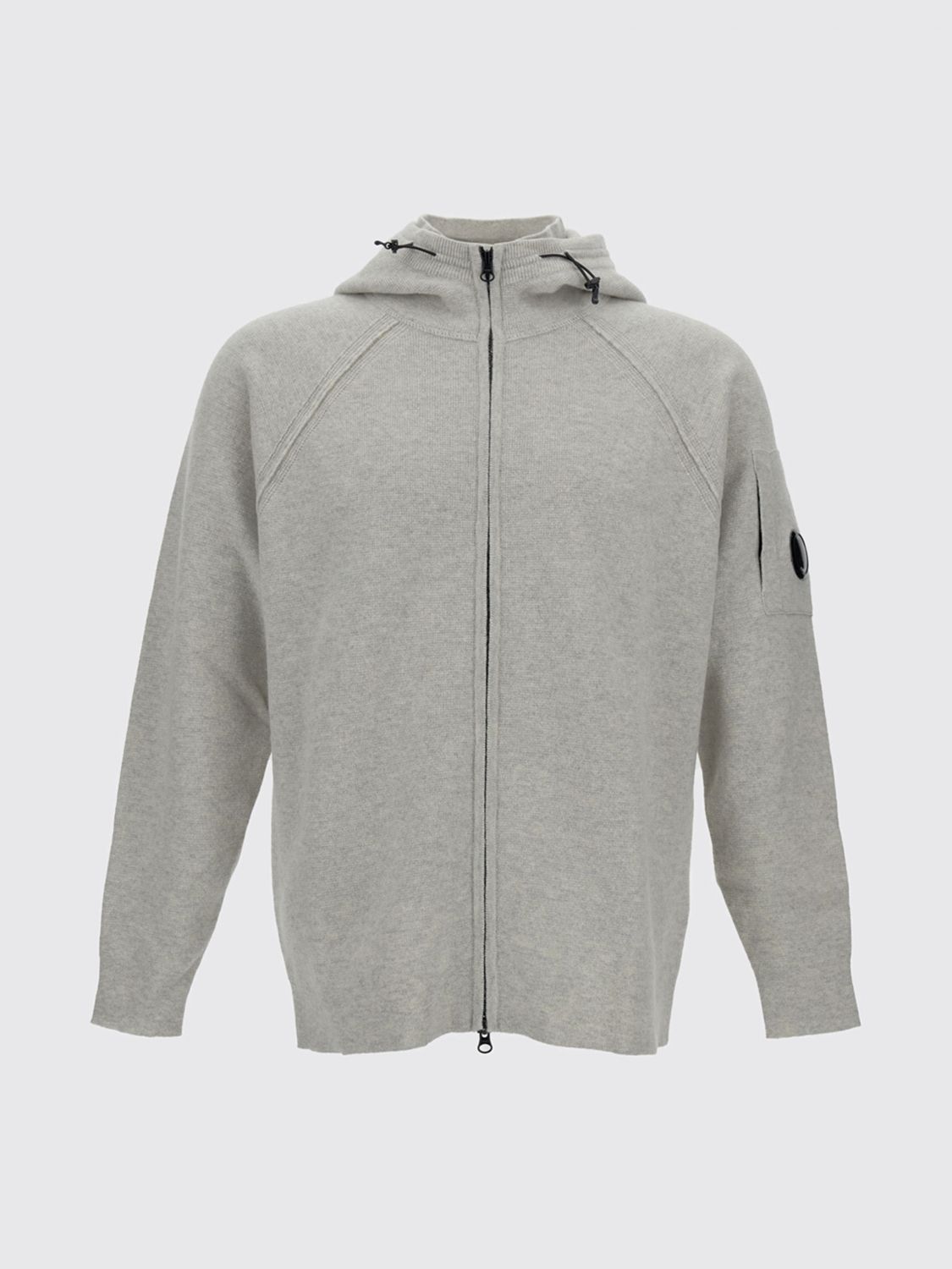 C.p. Company Grey Cardigan With Drawstring Hood And Logo Plaque On The Sleeve In Wool Blend Man In Gray