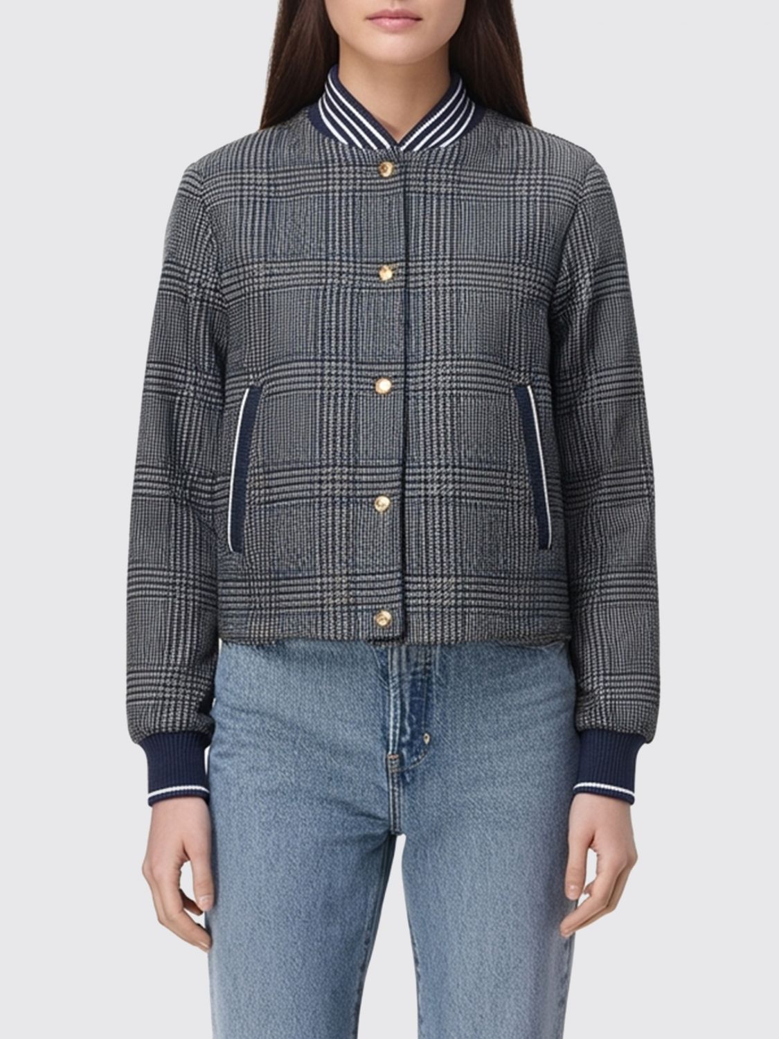 Thom Browne Checked Pattern Ribbed Collar Jacket In Gray