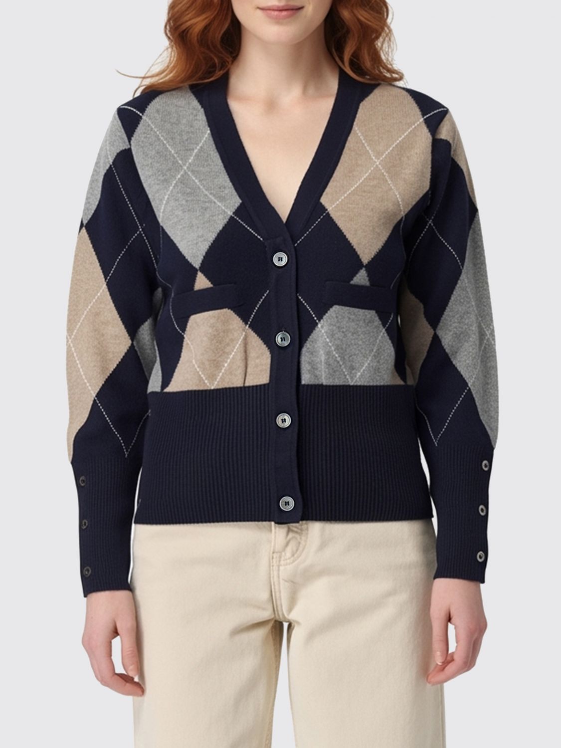 Thom Browne Navy Argyle Intarsia Cashmere V Neck Cardigan In Black