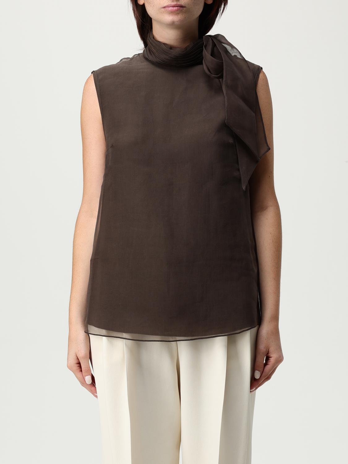 Brunello Cucinelli Women Crispy Silk Top With Lavalliere And Monili In Brown