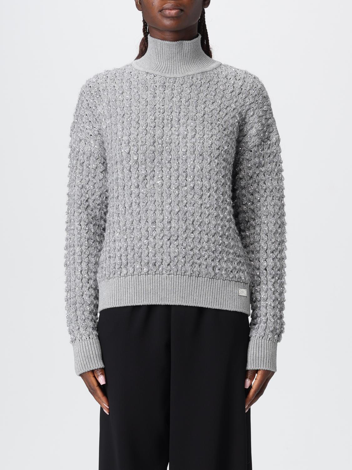 Elisabetta Franchi Cable Knit Tricot Sweater With Sequined Inserts And High Neck In Gray