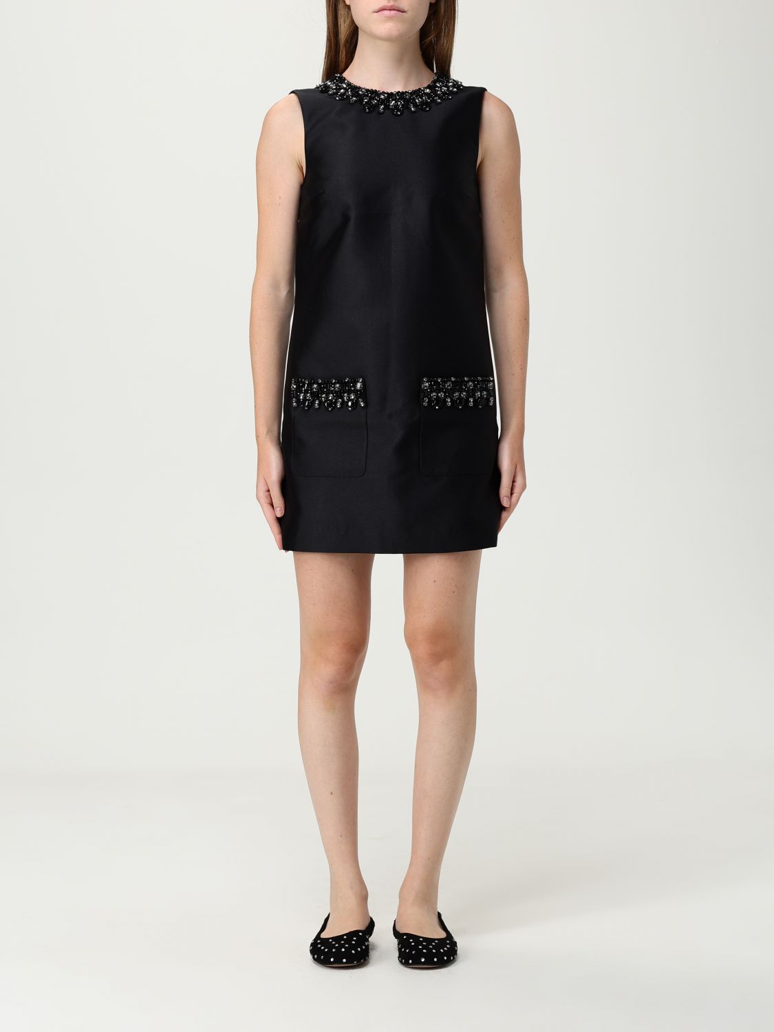 Self-portrait Sleeveless Black Midi Dress With Beadwork And Patch Pockets In Black