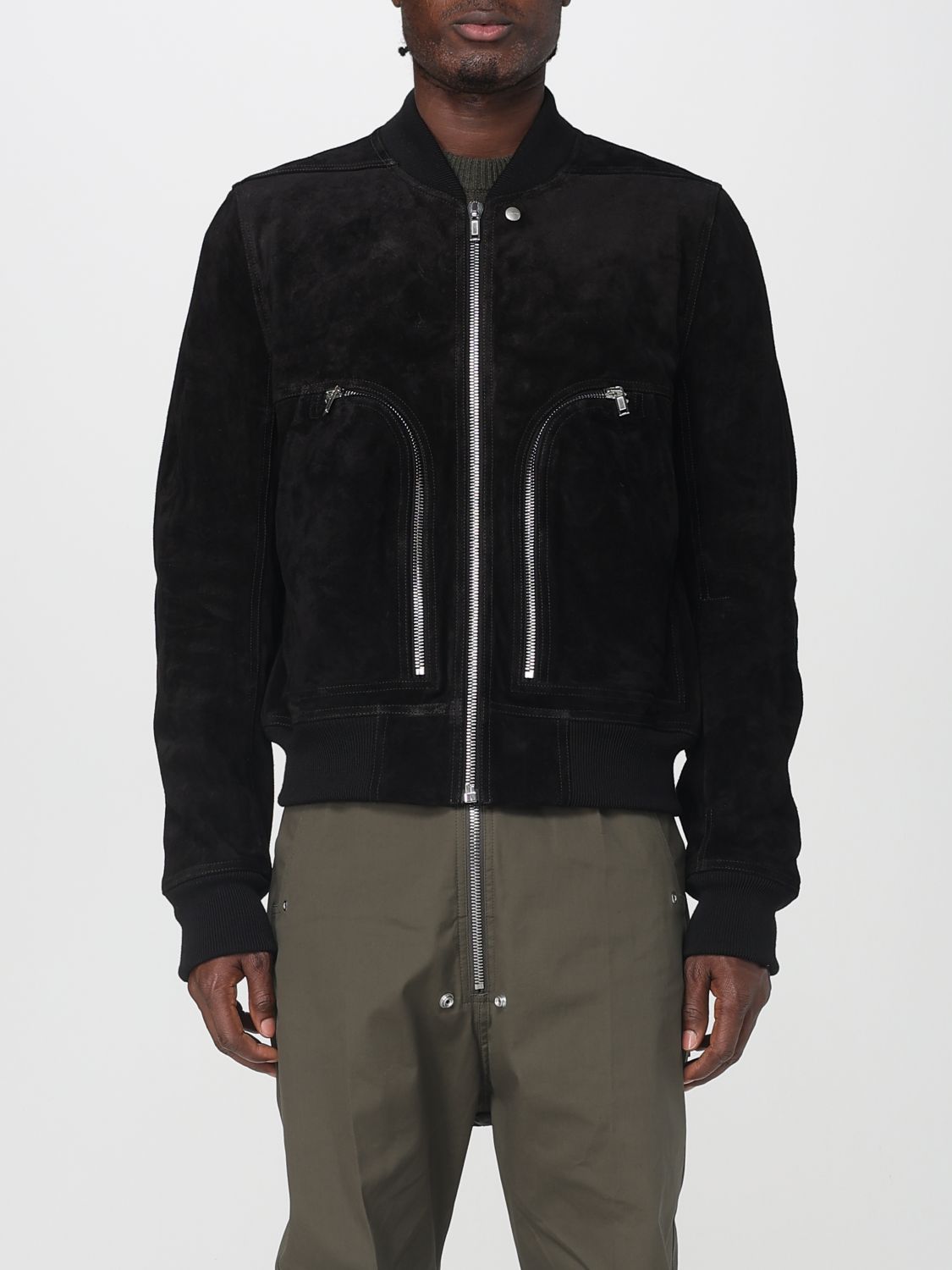Rick Owens Leather Jacket With High Collar And Ribbed Accents In Black