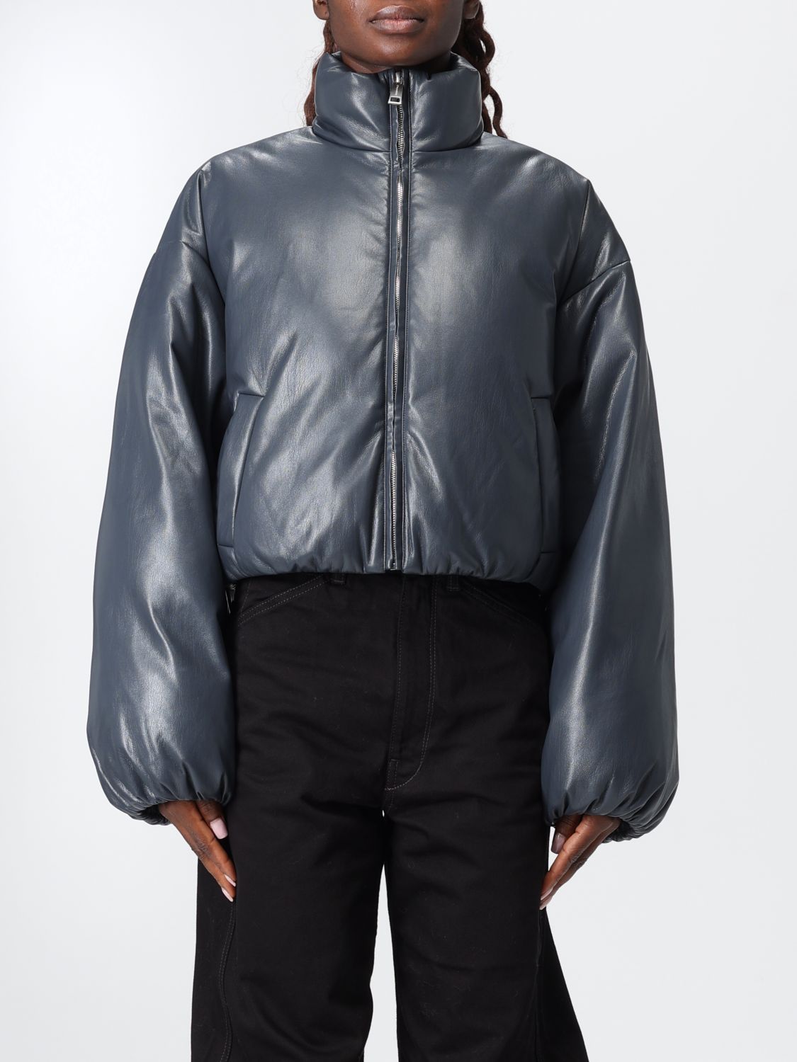 Nanushka Black Lilima Down Vegan Leather Jacket In Blue