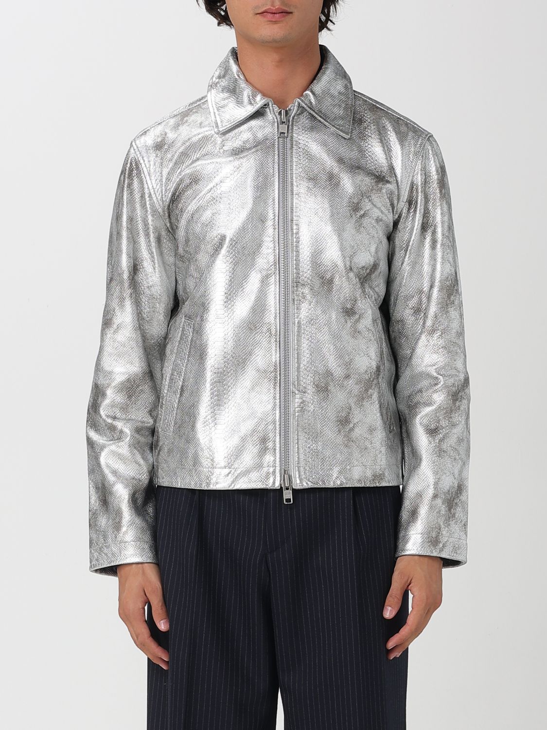 Sunflower Snakeskin-embossed Collar Leather Jacket In Black