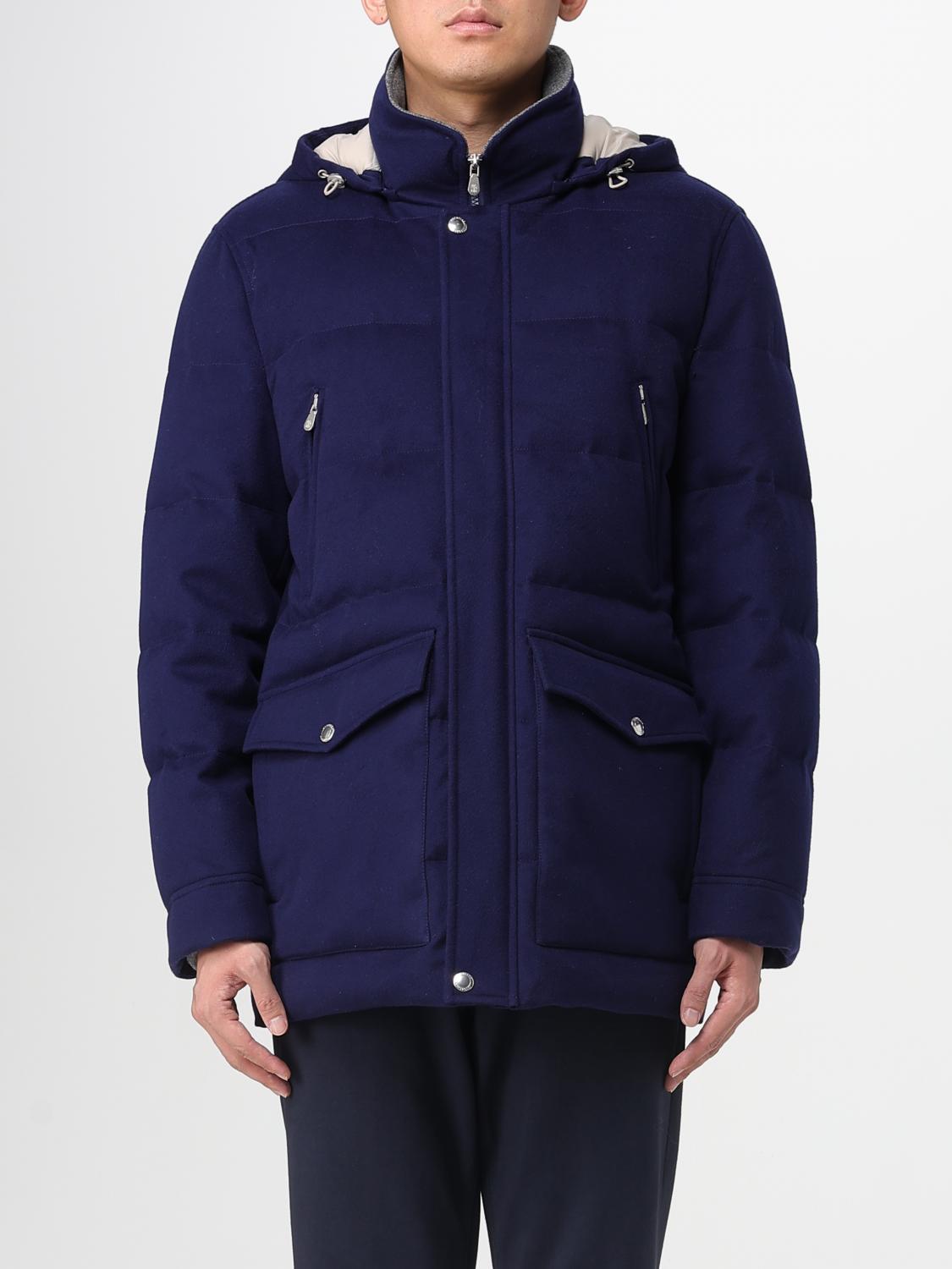 Brunello Cucinelli Wool Down Jacket With Detachable Hood In Blue