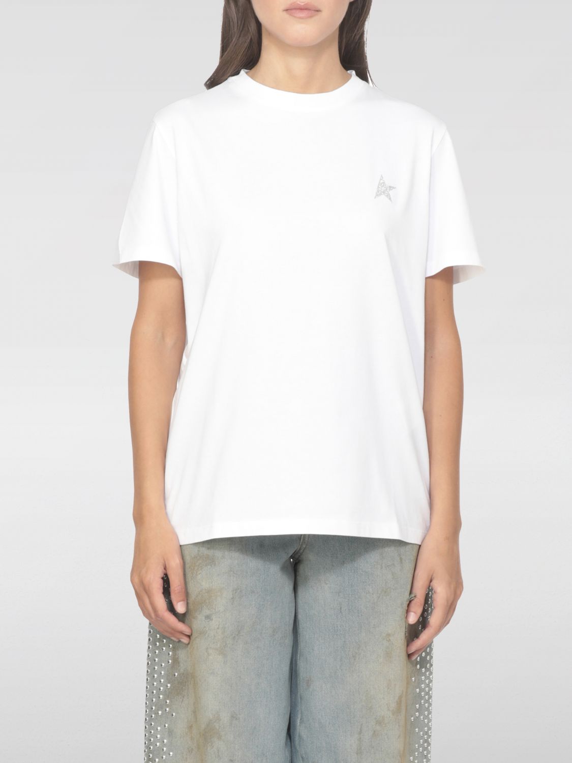 Golden Goose Star Collection T-shirt With Glittered Star On The Front In White