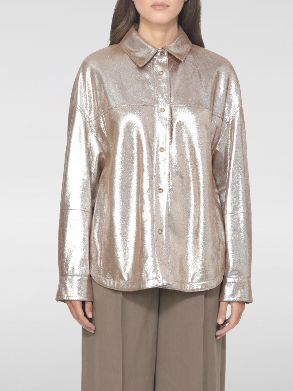 Brunello Cucinelli Leather Shirt Collared Metallic Finish In Brown