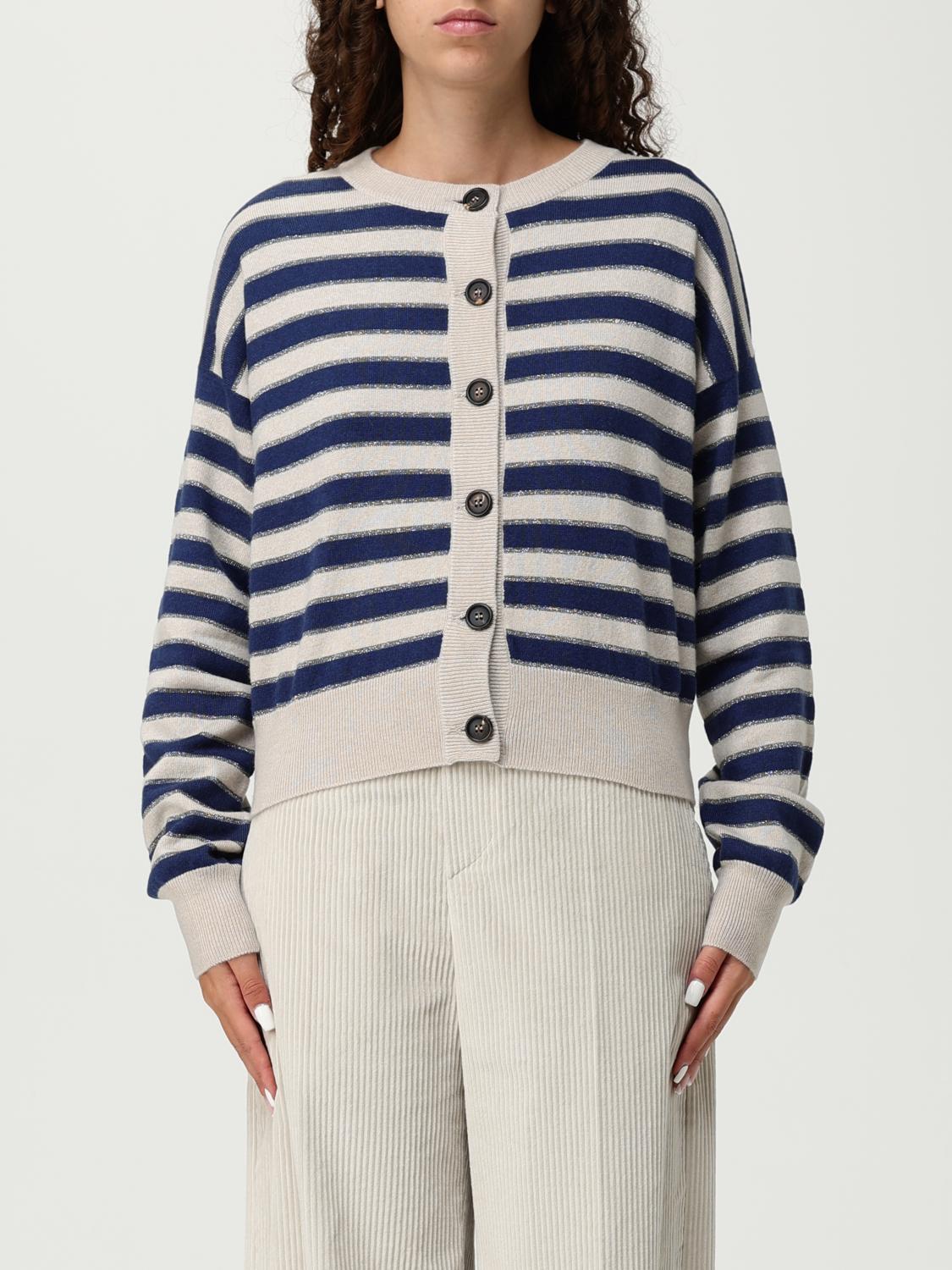 Brunello Cucinelli Shimmering Stripes Ribbed Cardigan In Blue