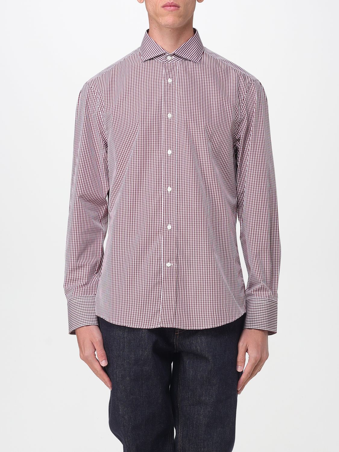 Brunello Cucinelli Man Shirt Burgundy Size M Cotton In Pattern