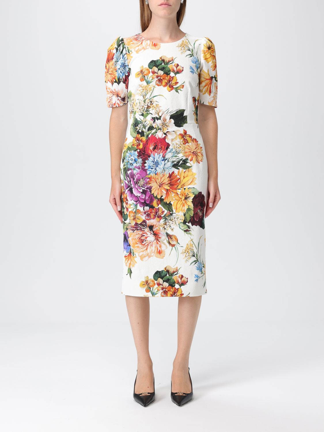 Dolce & Gabbana Floral-print Textured Cotton-blend Midi Dress In Multi