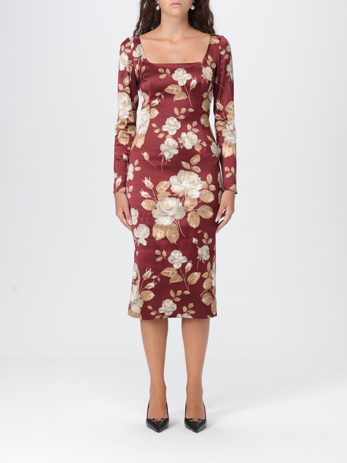 Dolce & Gabbana Rose Print Midi Dress With A Square Neckline In Red