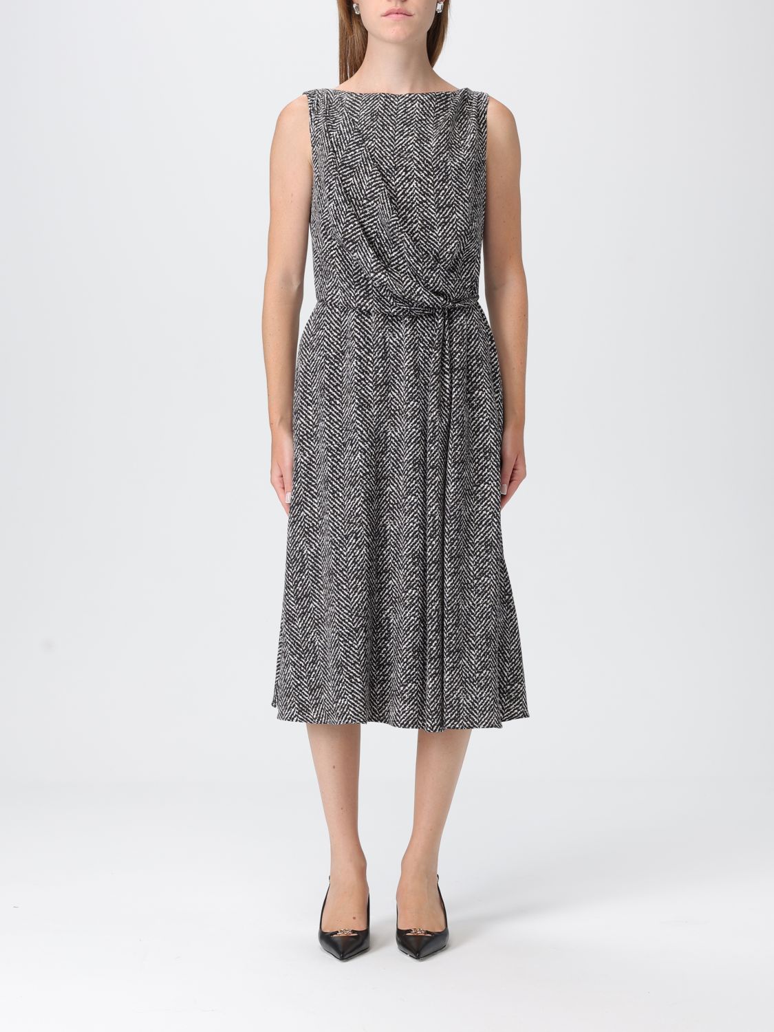 Dolce & Gabbana Heavy Crepe Dress With Chevron Print Dresses Grey In White