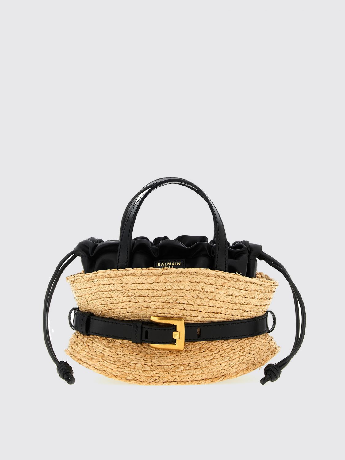 Balmain Shuffle Mini Top-handle Bag In Raffia And Calfskin In Nude