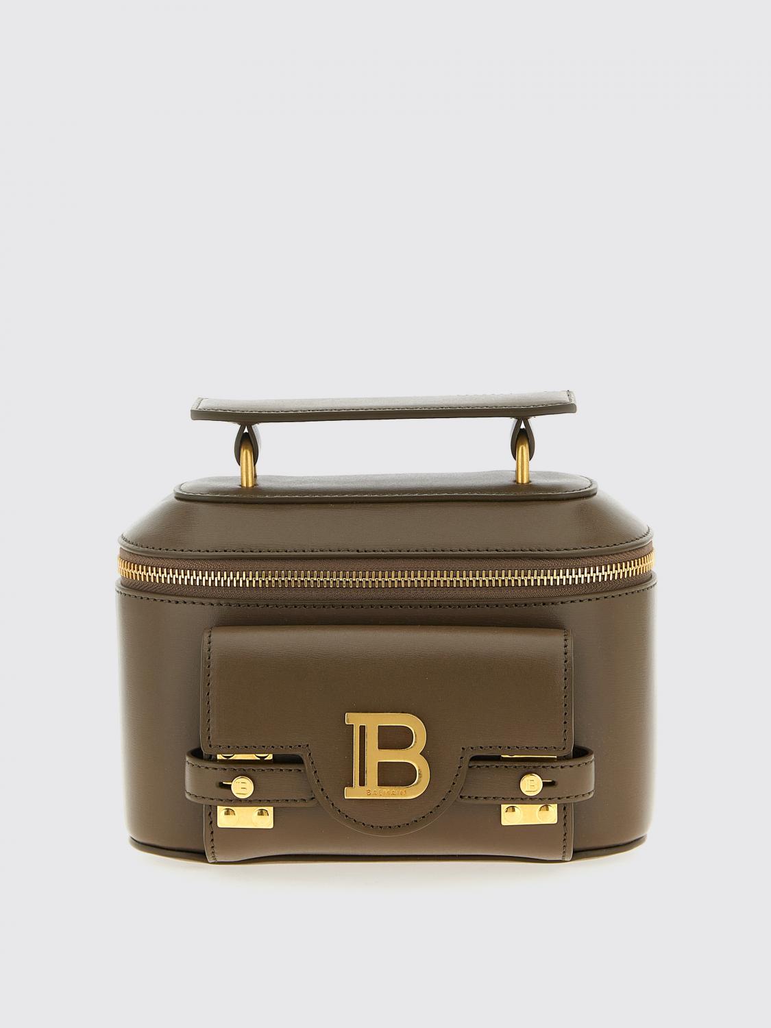 Balmain B-buzz Leather Vanity Top Handle Bag In Brown