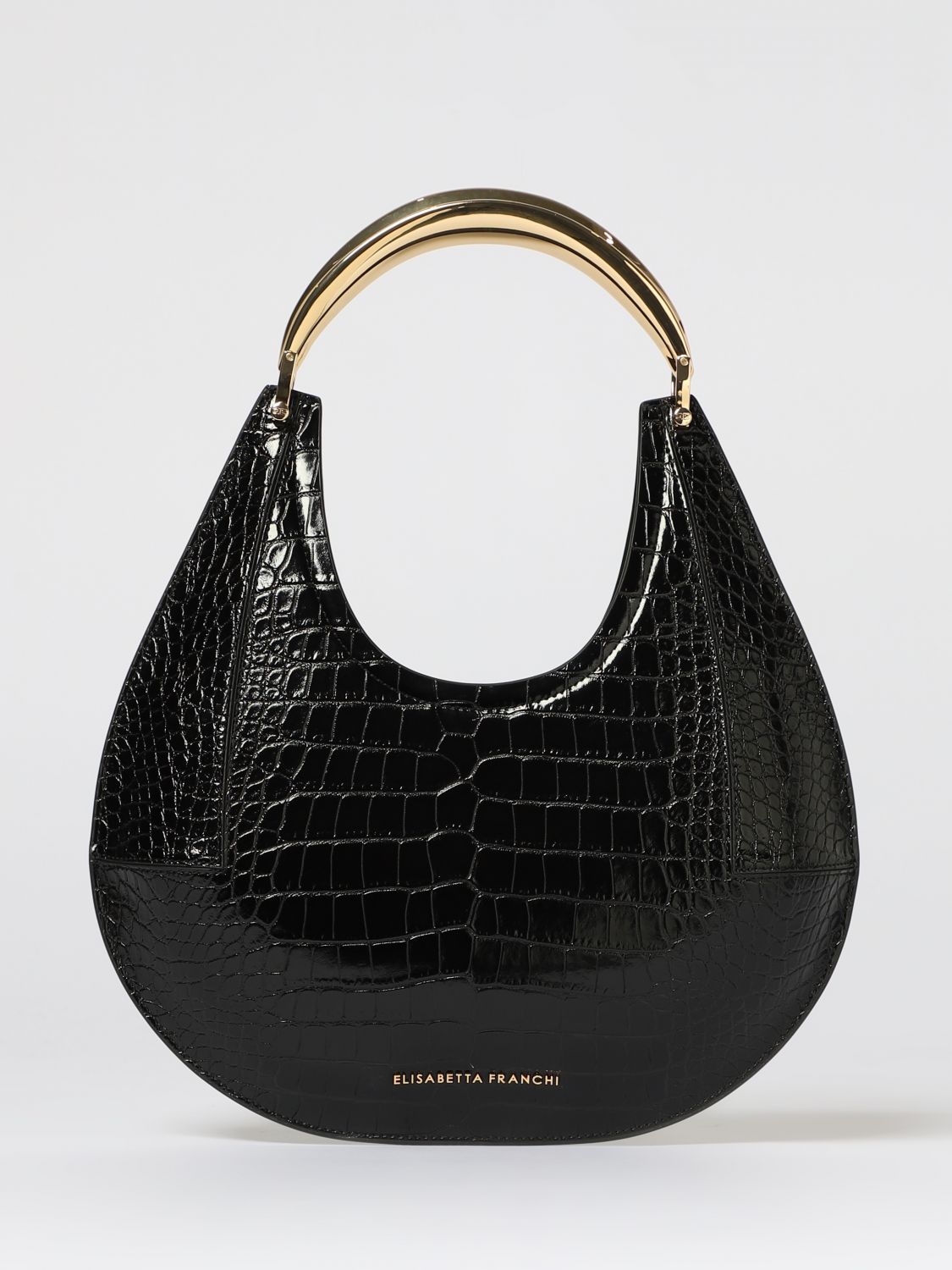 Elisabetta Franchi Crescent-shaped Black Crocodile-embossed Shoulder Bag In Black