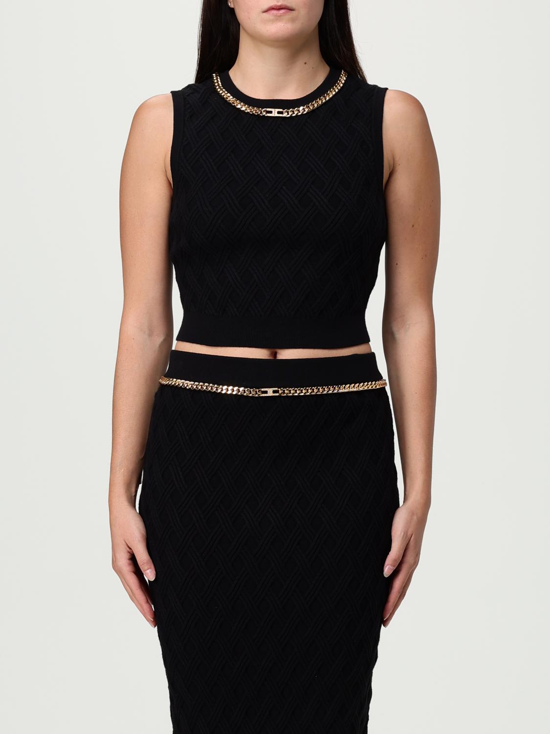 Elisabetta Franchi Textured Geometric Pattern Black Sweater In Black
