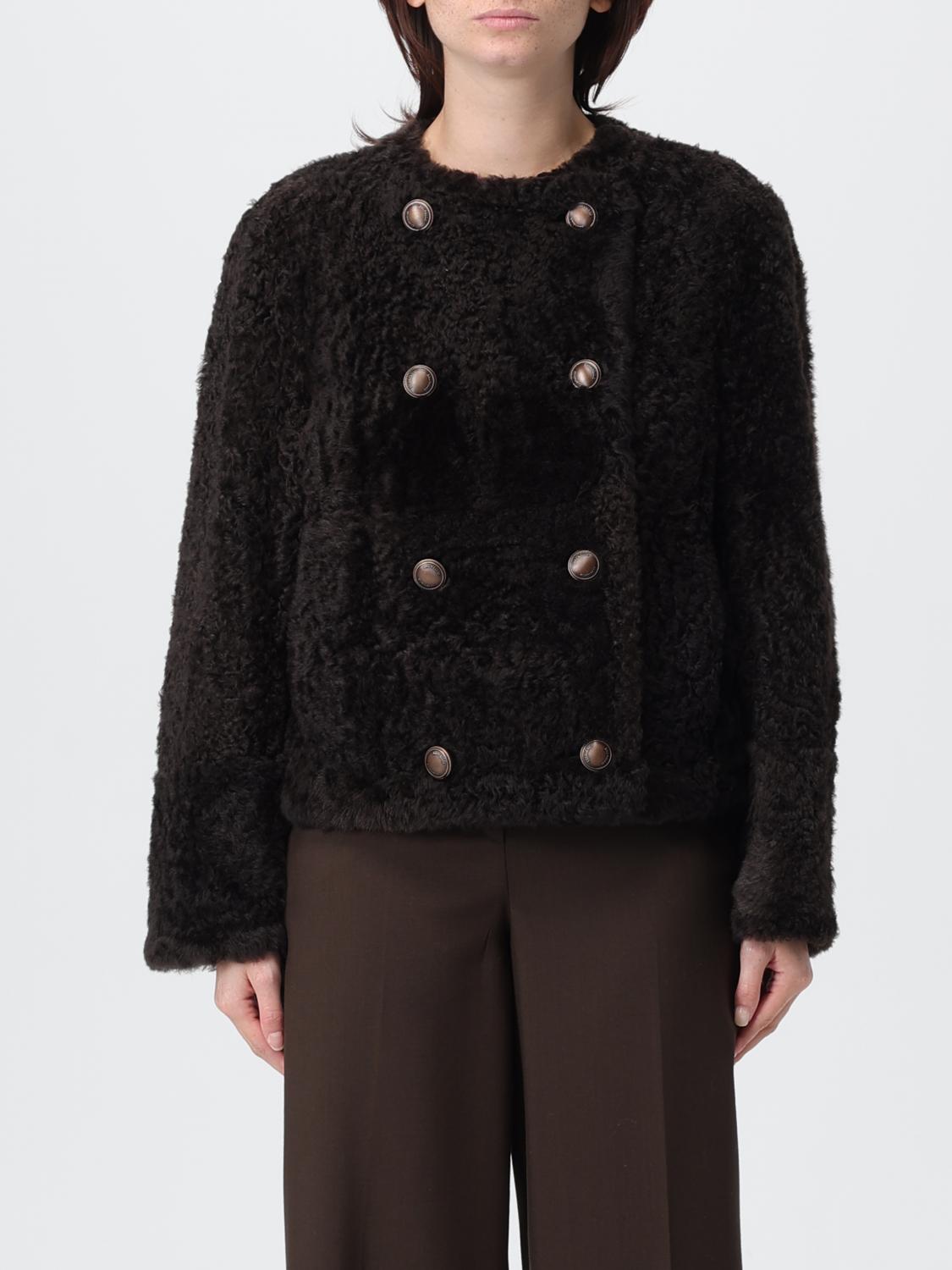 Brunello Cucinelli Women Brown Shearling Fuzzy Reversible Cropped Pea Coat In Brown