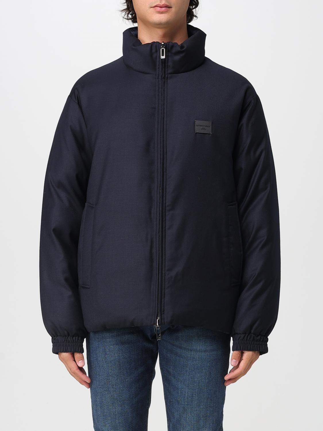 Emporio Armani Reversible Navy Wool-blend Jacket With High Collar And Logo Patch In Blue