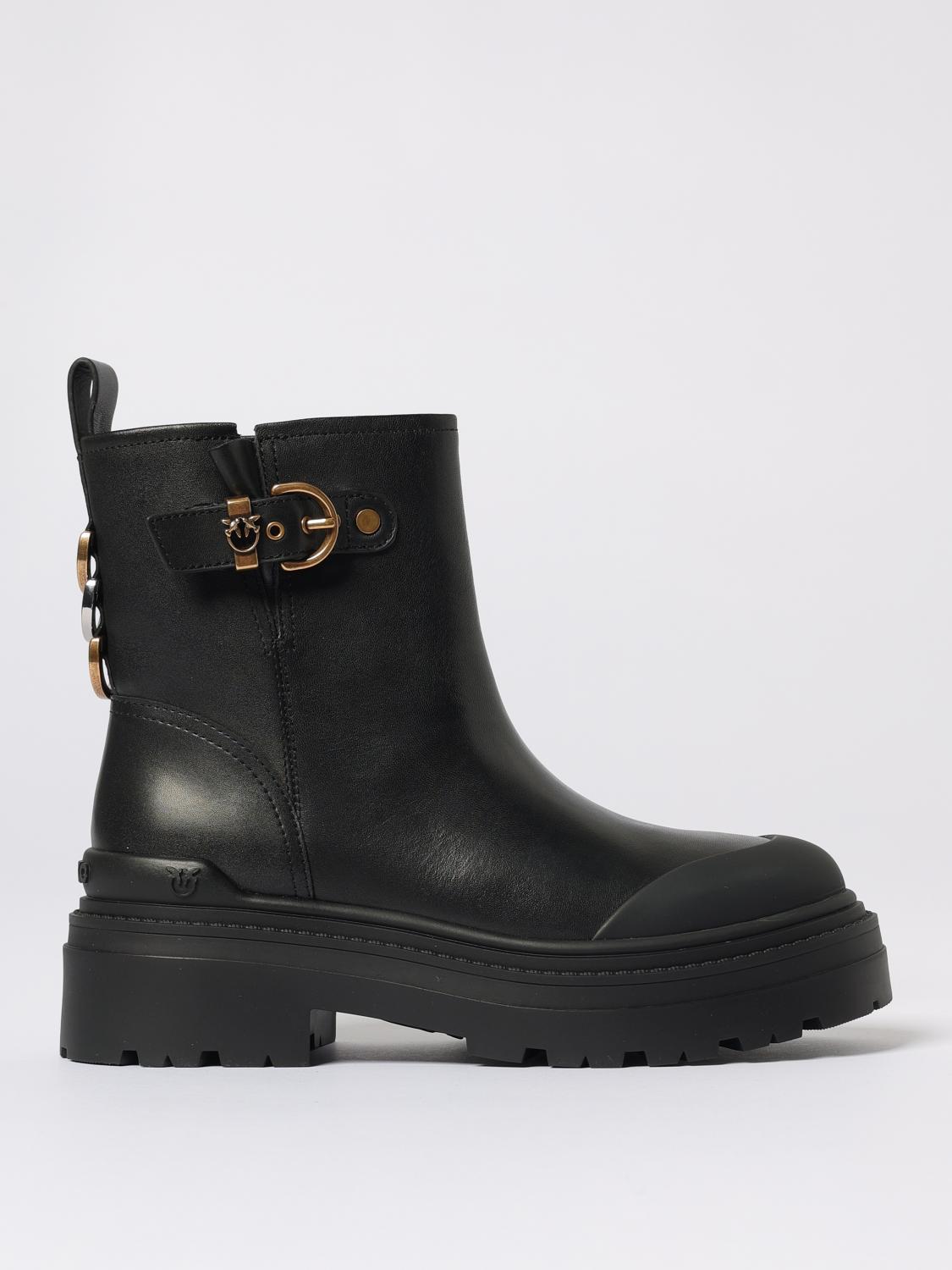 Pinko Leather Booties With Love Birds Logo In Black
