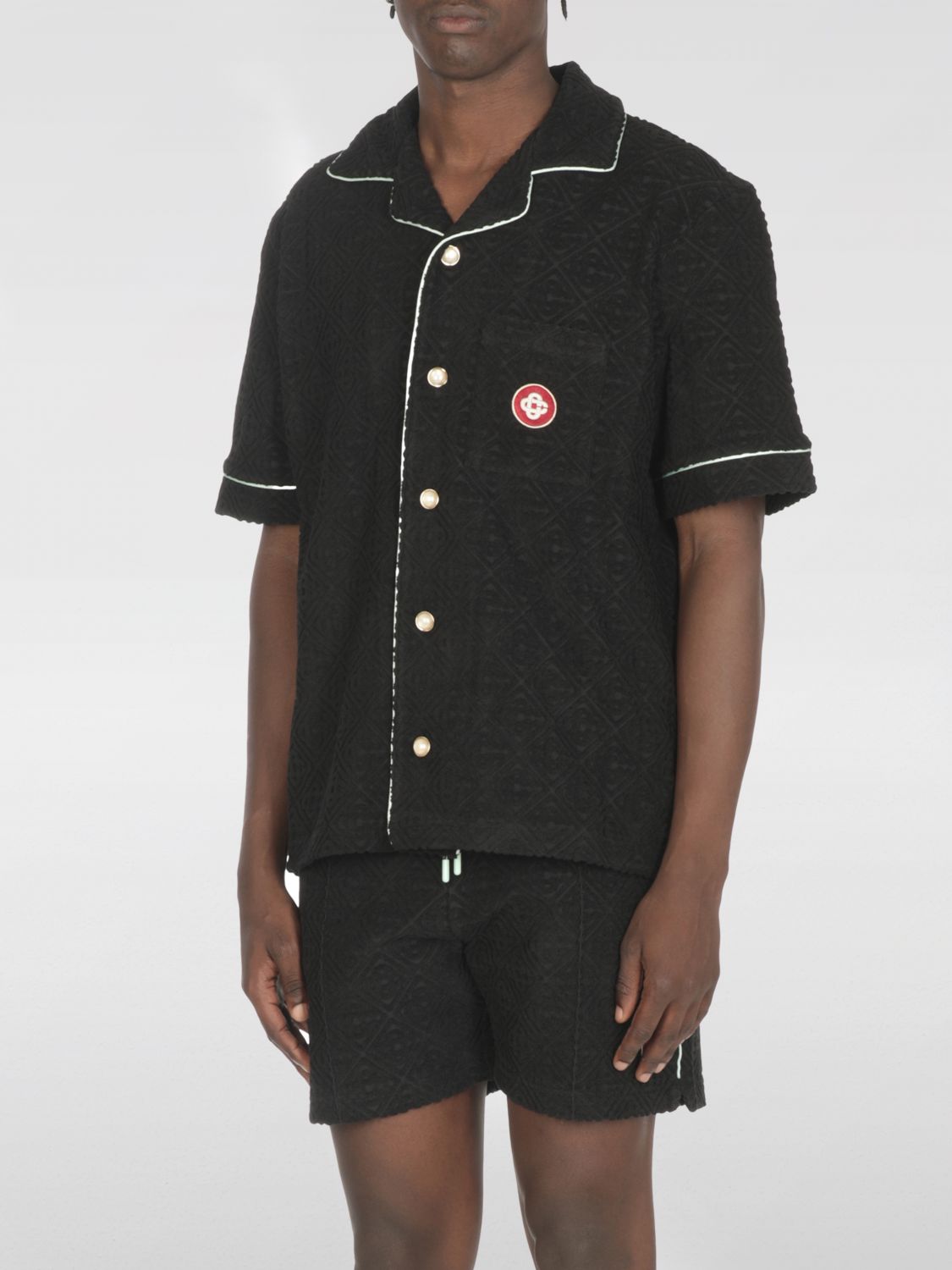 Casablanca Black Shirt With Classic Lapels And All-over Embossed Monogram In Black