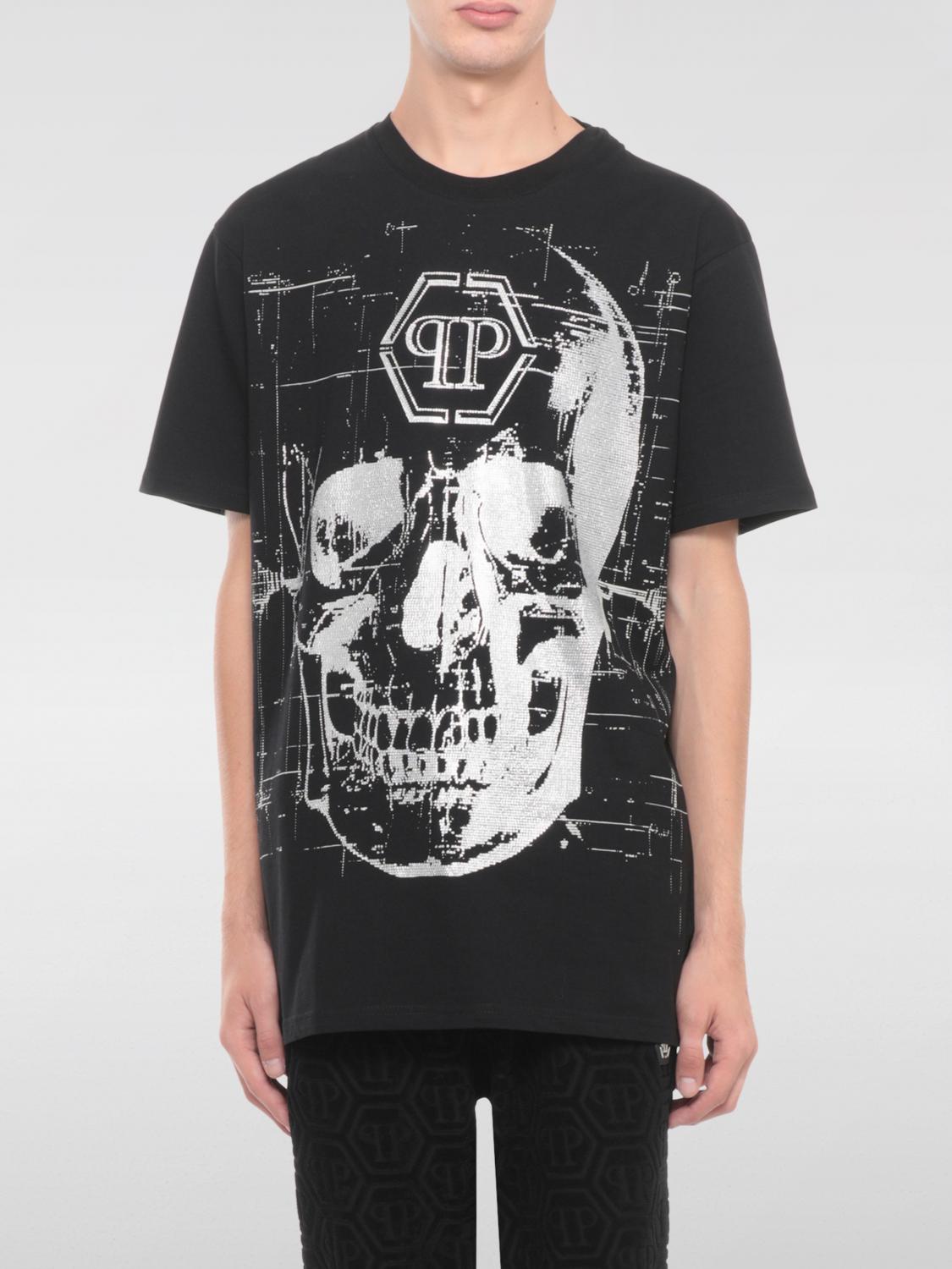 Philipp Plein Crew Neck Black T-shirt With Crystal Skull Design And Logo Patch In Black