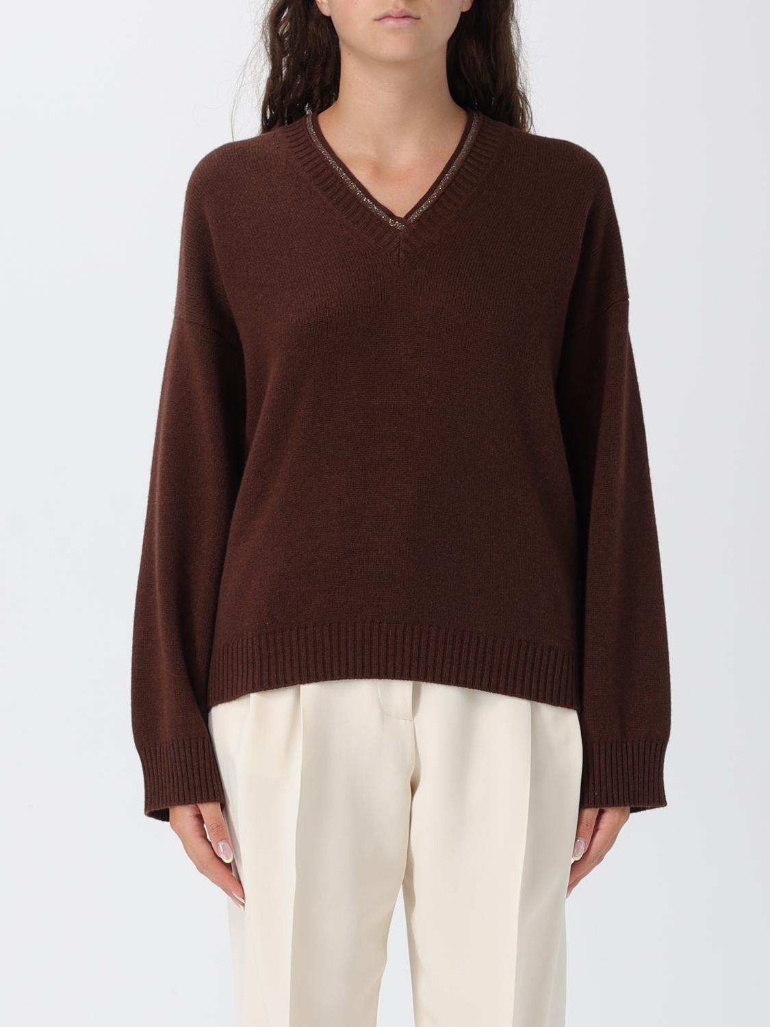 Fabiana Filippi Brown V-neck Sweater In Wool And Silk Blend Woman In Brown