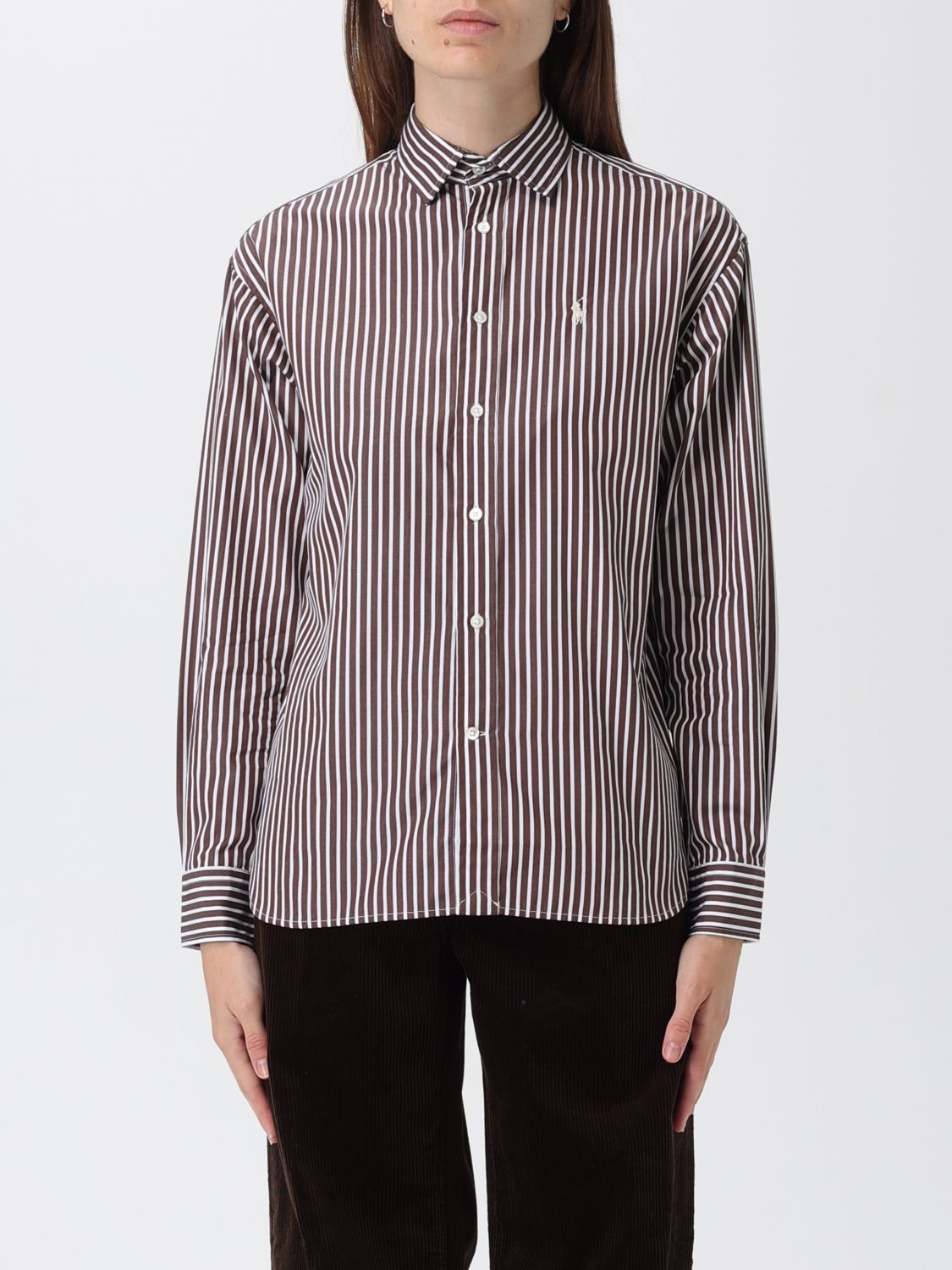 Polo Ralph Lauren Striped Cotton Poplin Blouse With Pointed Collar And Iconic Logo In Brown
