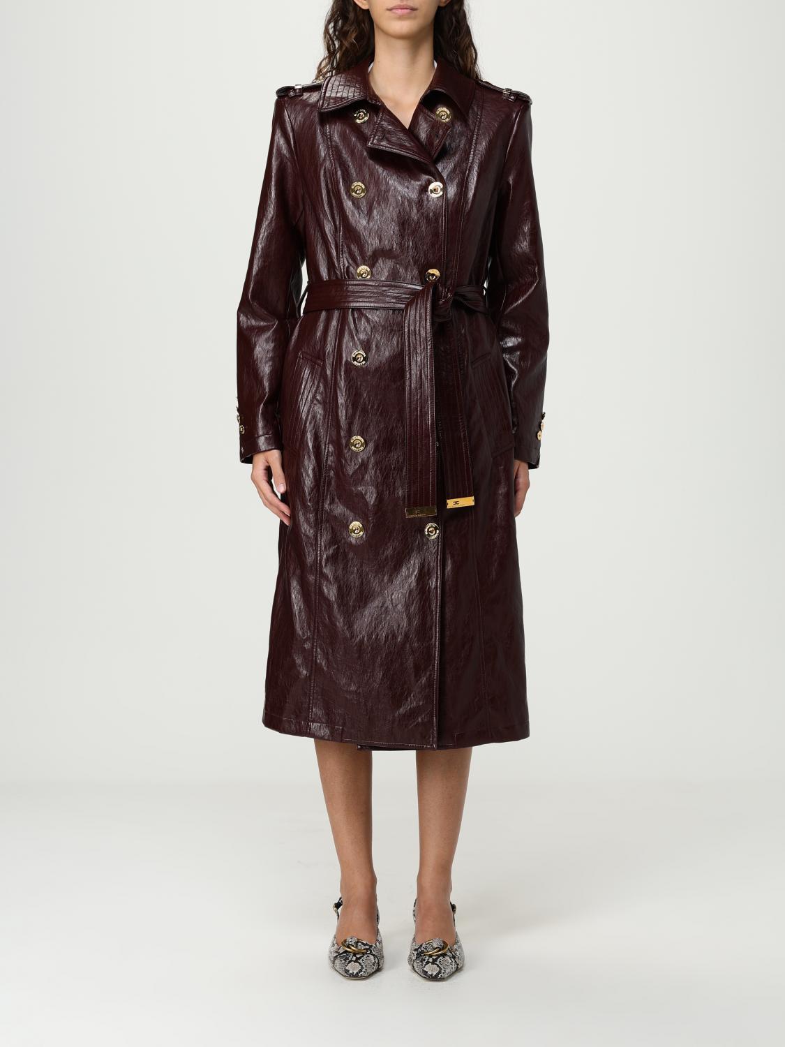 Elisabetta Franchi Double-breasted Coat With Epaulettes And Pockets In Brown