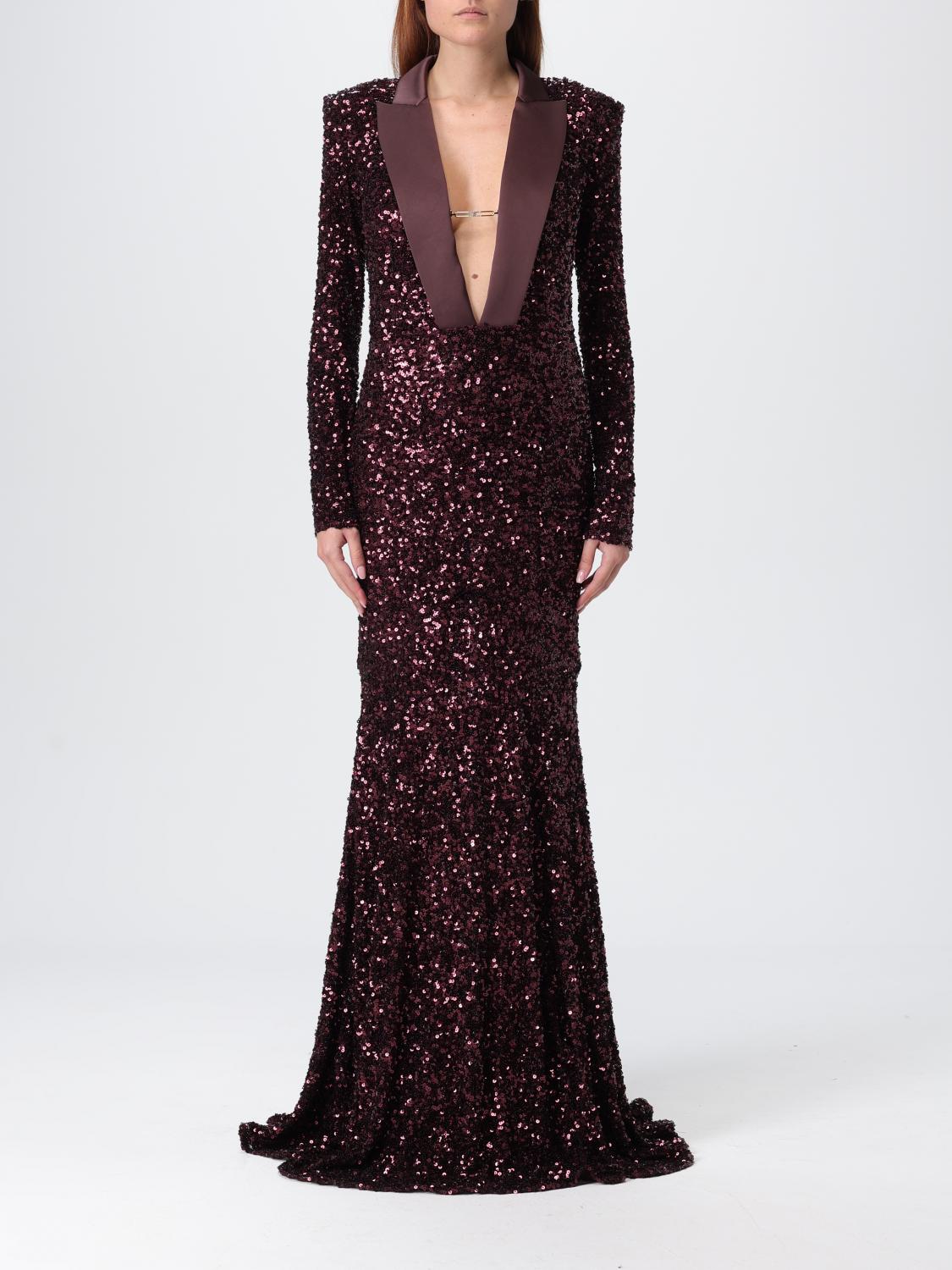 Elisabetta Franchi Sequins V-neck Floor-length Dress With Long Sleeves In Burgundy