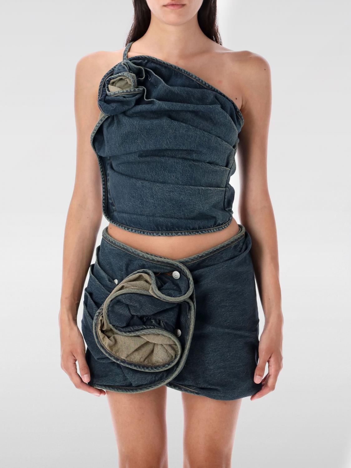 Magda Butrym Asymmetric Denim Floral One-shoulder Ruched Top In Blue
