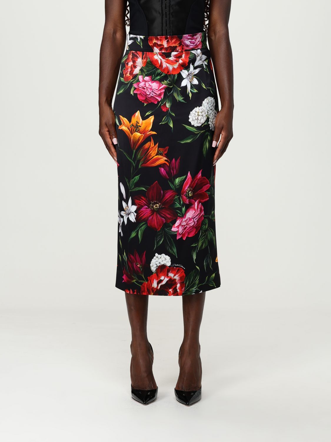 Dolce & Gabbana Floral Bouquet Midi Skirt In Black