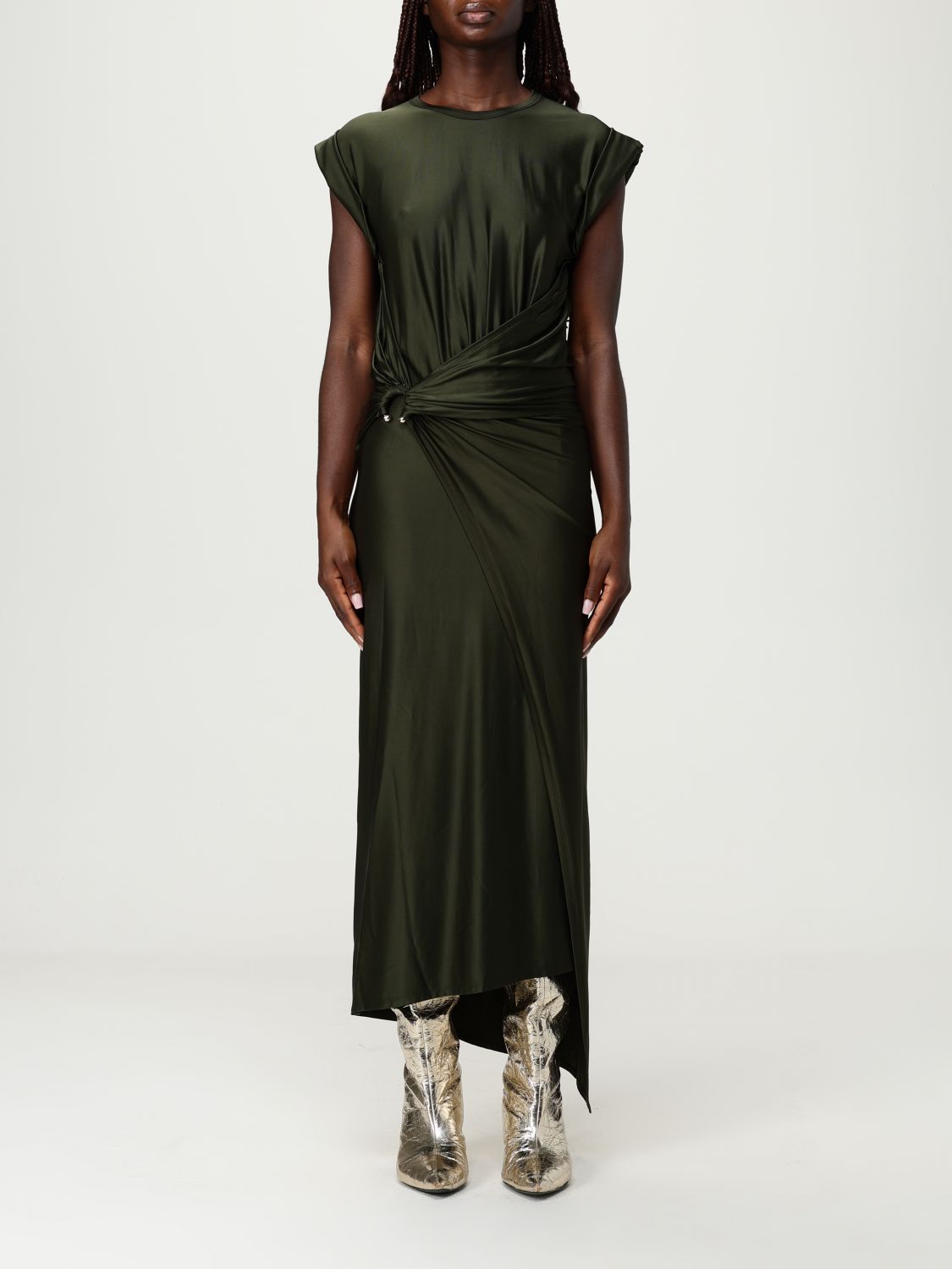 Rabanne Womens Draped Cap-sleeves Stretch-woven Midi Dress New Kaki In Green