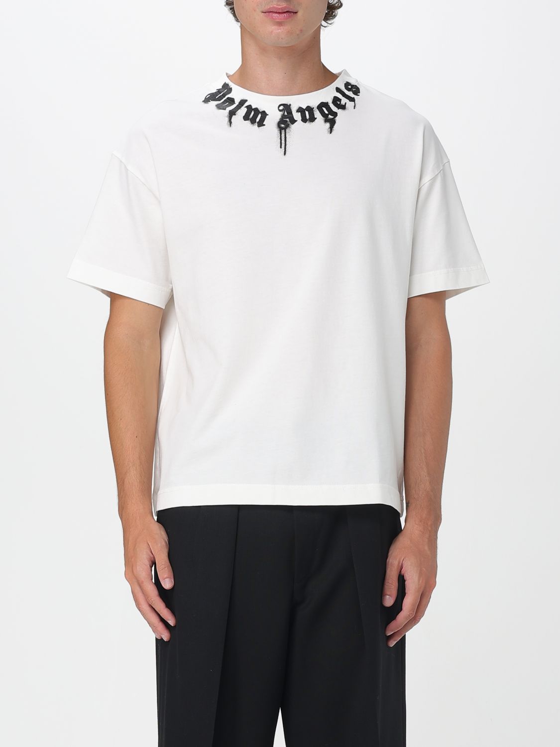 Palm Angels Classic Fit White Cotton T-shirt With Graphic Branding In White