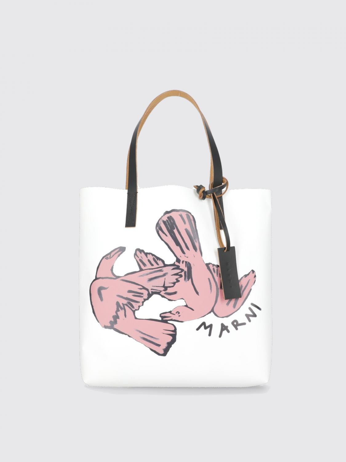 Marni Medium Bird-print Tote Bag In White