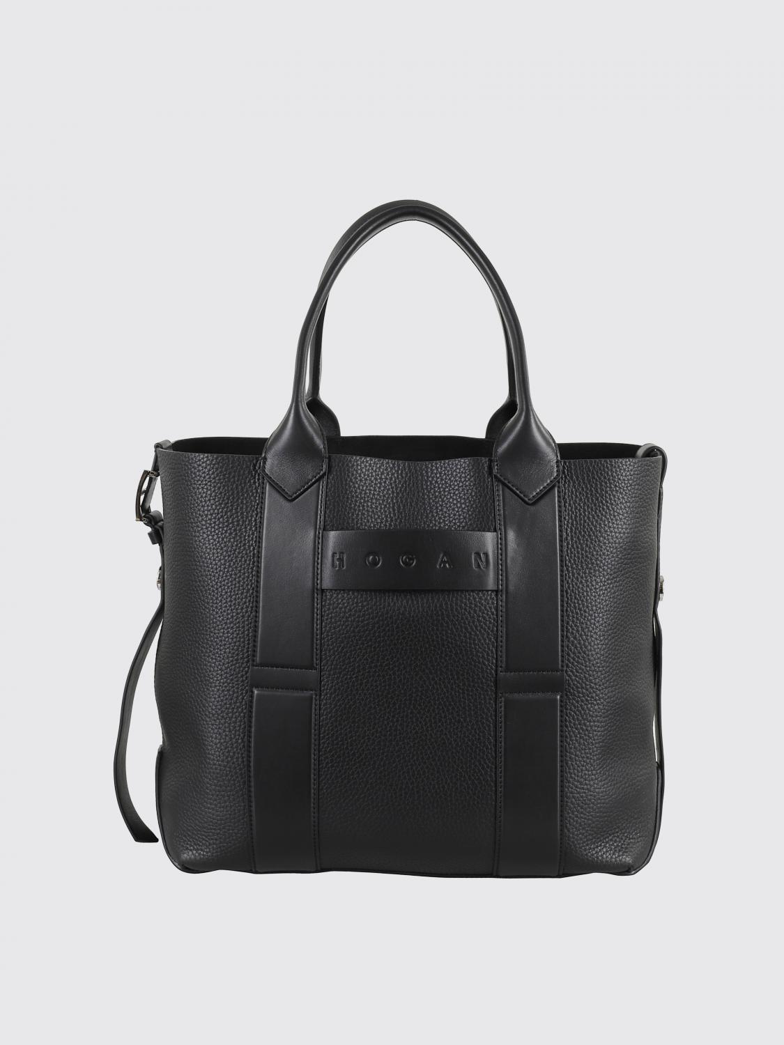 Hogan Medium Script Shopping Bag With Textured Leather Finish In Black