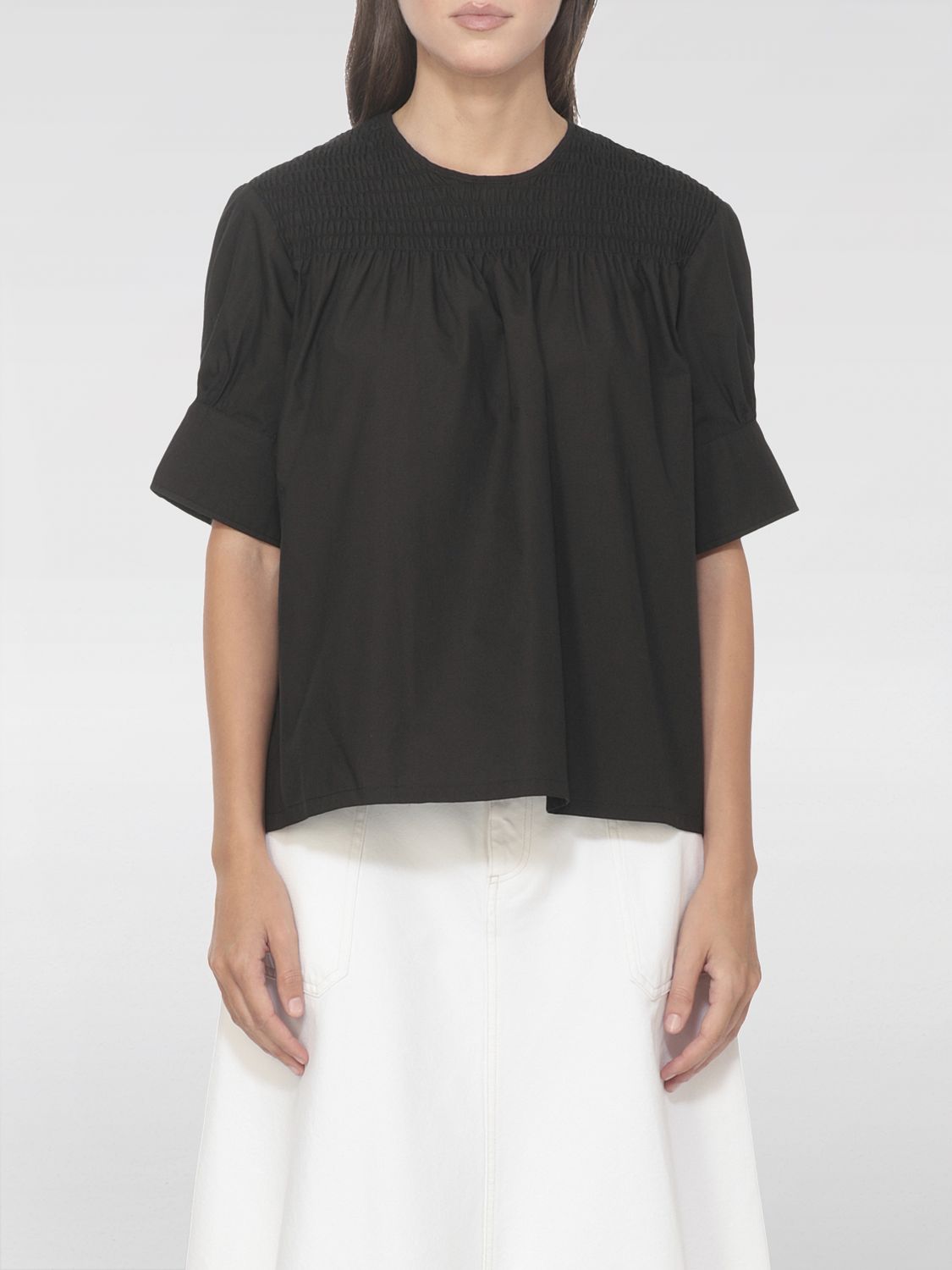 Apc A.p.c. Smocked Bodice Cotton Blouse In Black