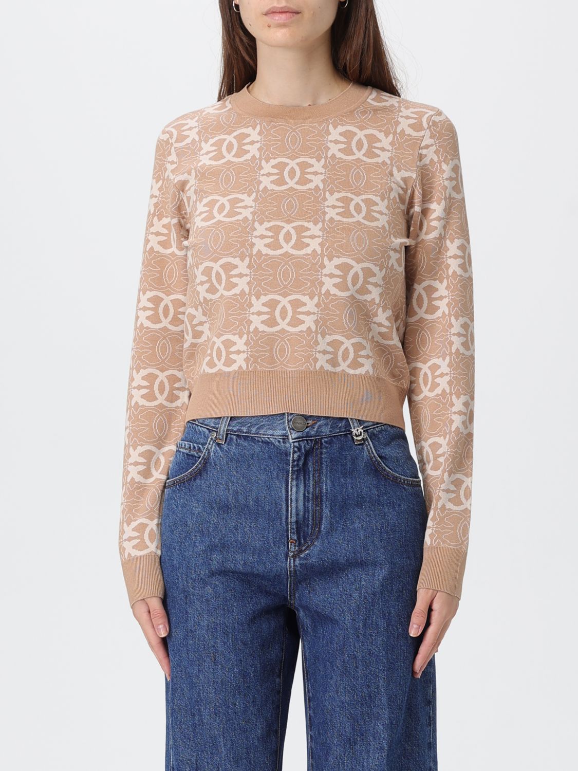 Pinko Crew Neck Top With Monogram Pattern In Neutral