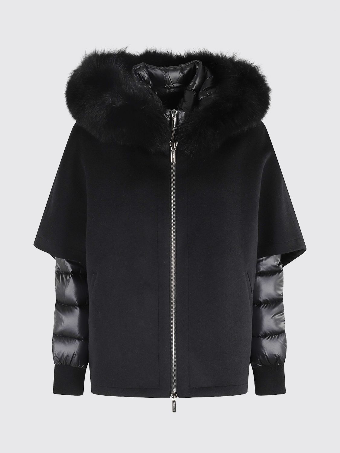 Moorer Cape-design Wool Coat With Down Jacket And Fox Fur Hood In Multi