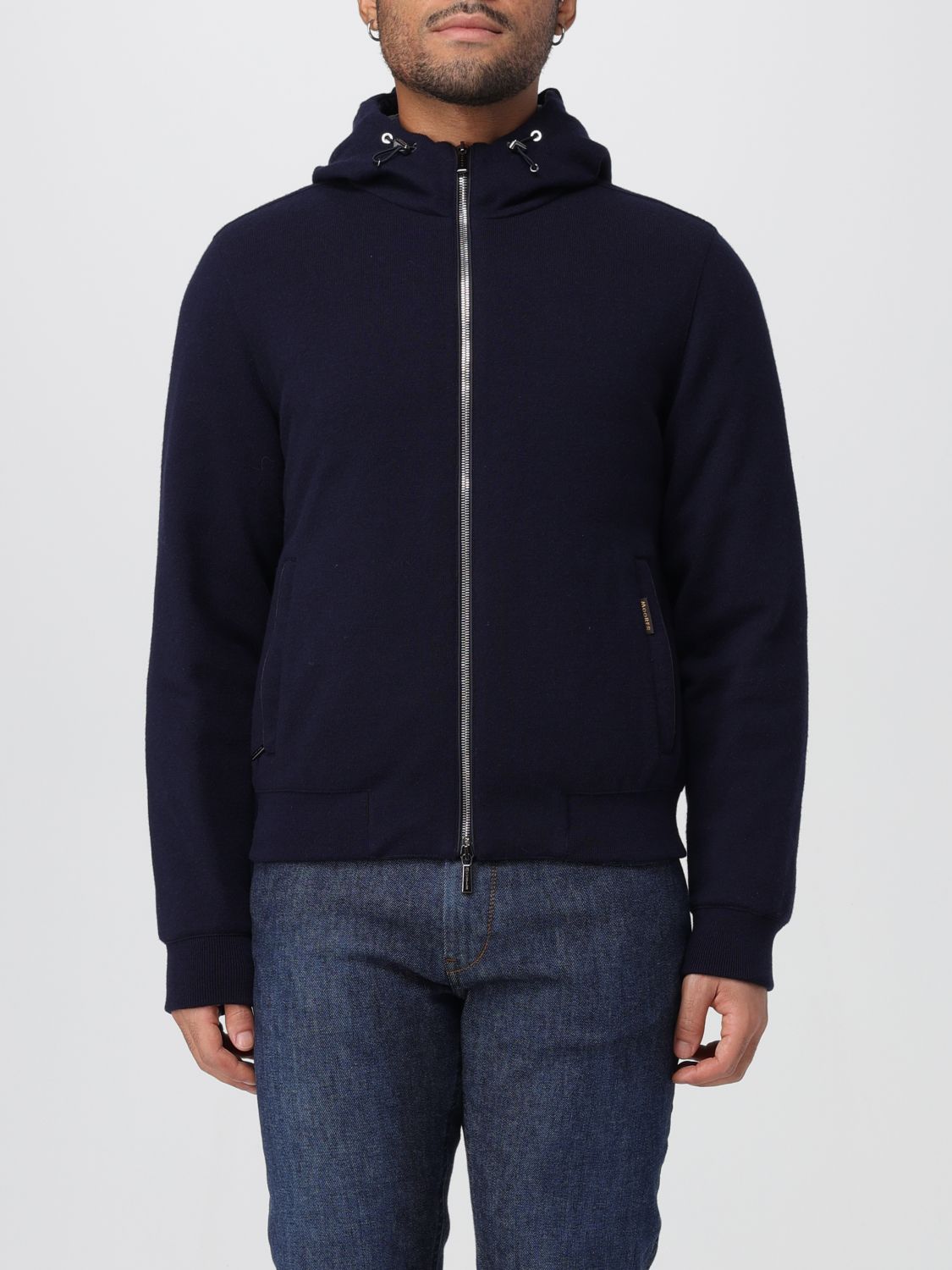 Moorer High Collar Coat With Ribbed Cuffs And Hem In Blue